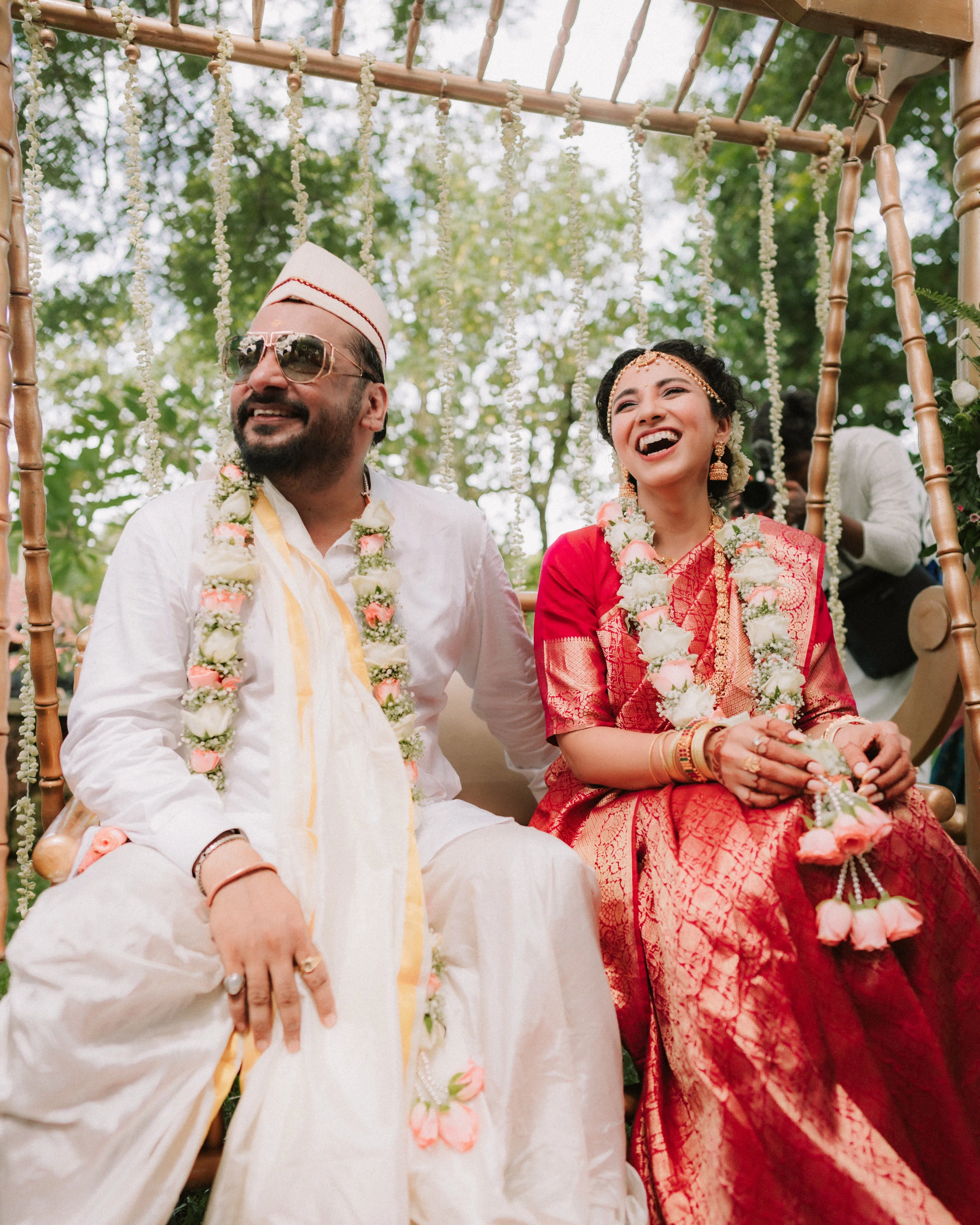 A couple sharing a joyful wedding moment
